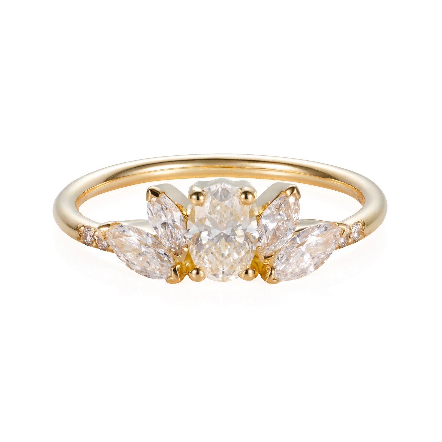 Sweet Pea 18ct yellow gold Tiara engagement ring with oval diamond and 2 marquise diamonds either side and diamonds set in the band.