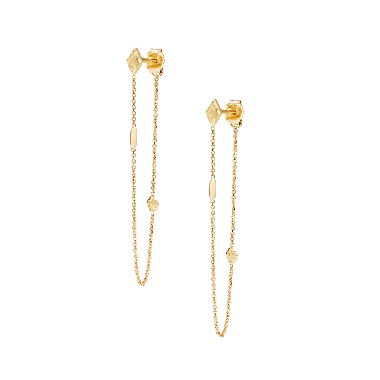 18ct Gold shape stud with looped chain from front to butterfly on back.