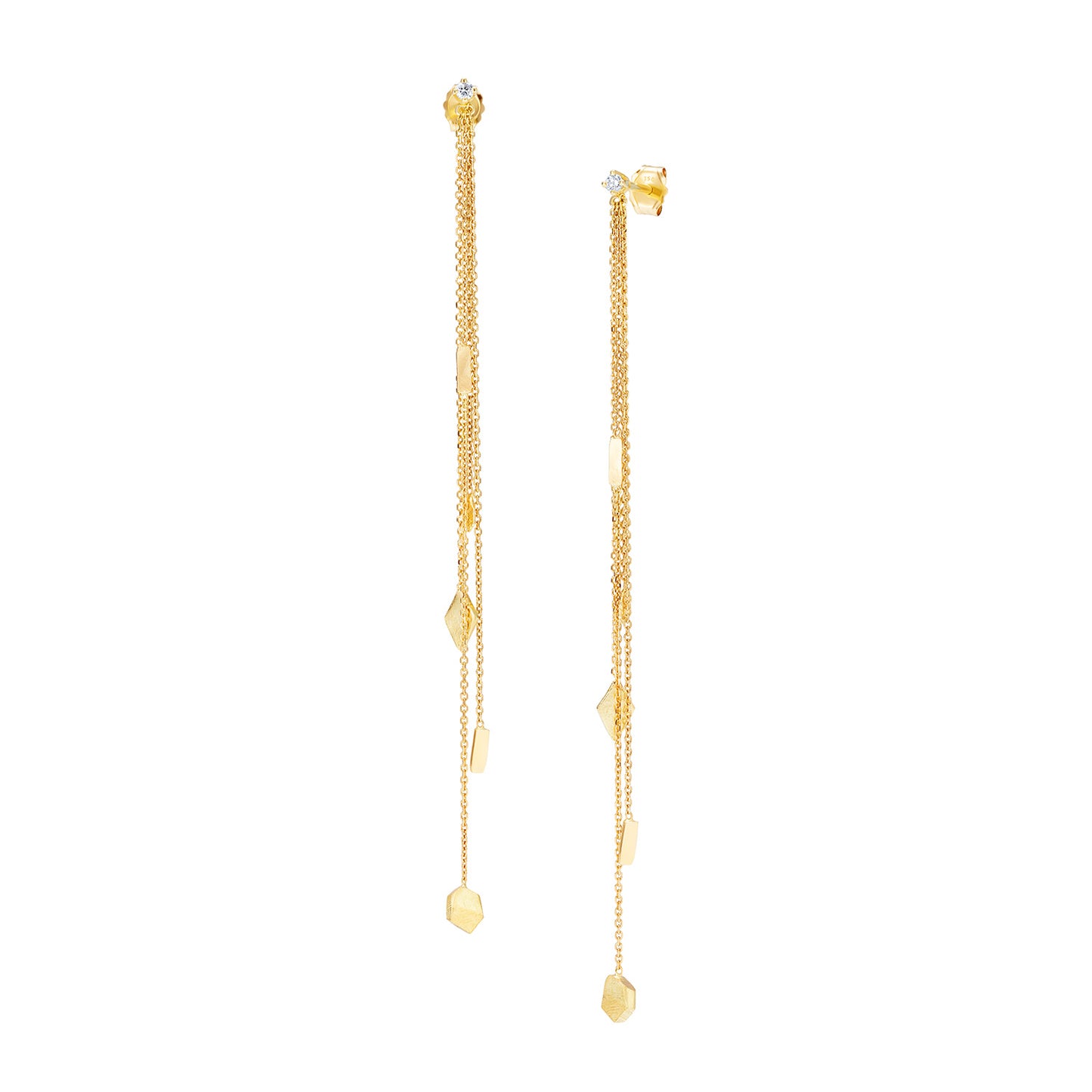 18ct Gold diamond stud with three hanging chains and mixed gold shapes on ends