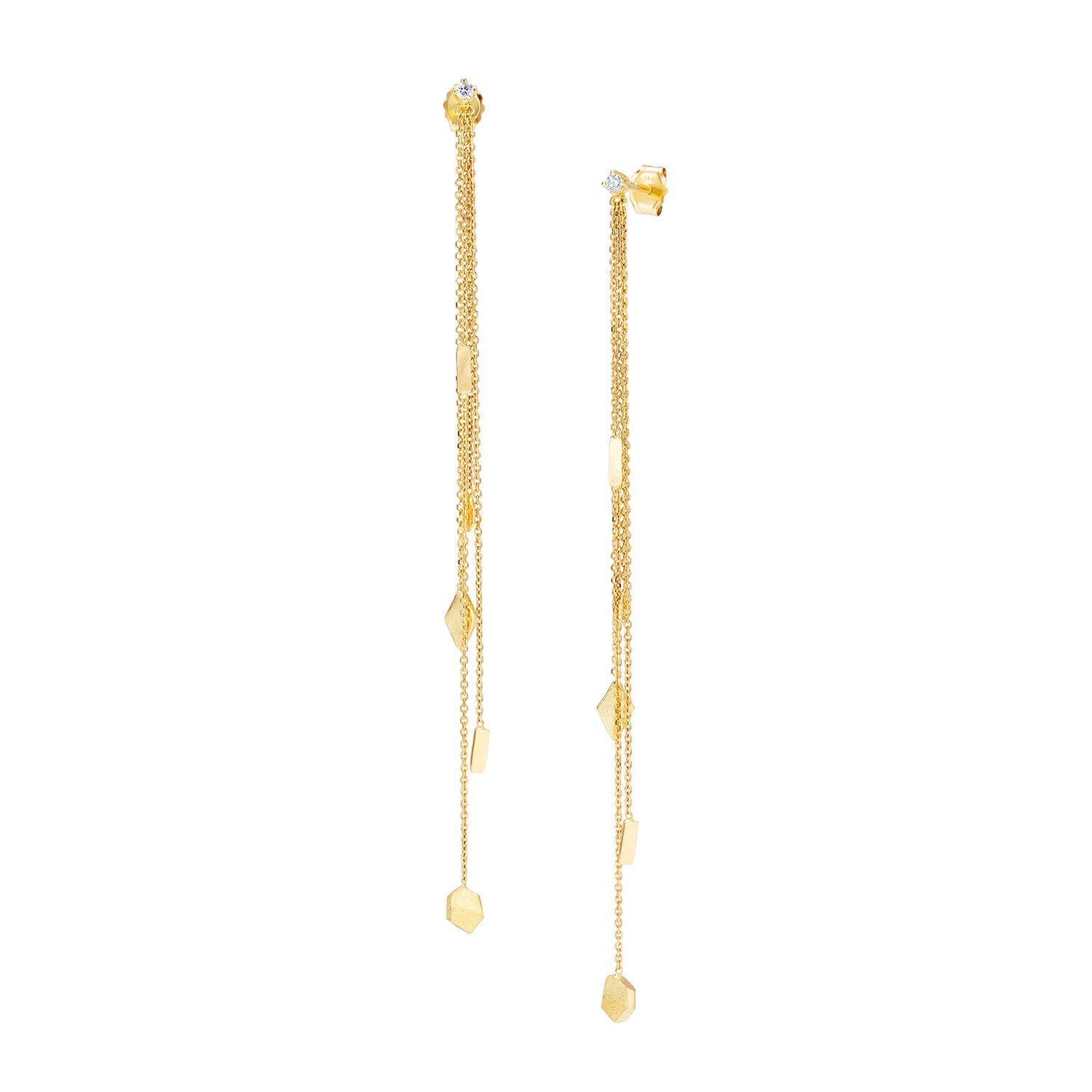 18ct Gold diamond stud with three hanging chains and mixed gold shapes on ends