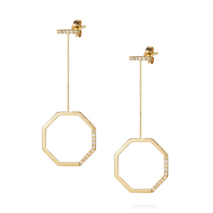 18ct yellow gold octagon drop earrings with Diamond set bar studs and hanging solid gold octagon shape pave set with 15 Diamonds