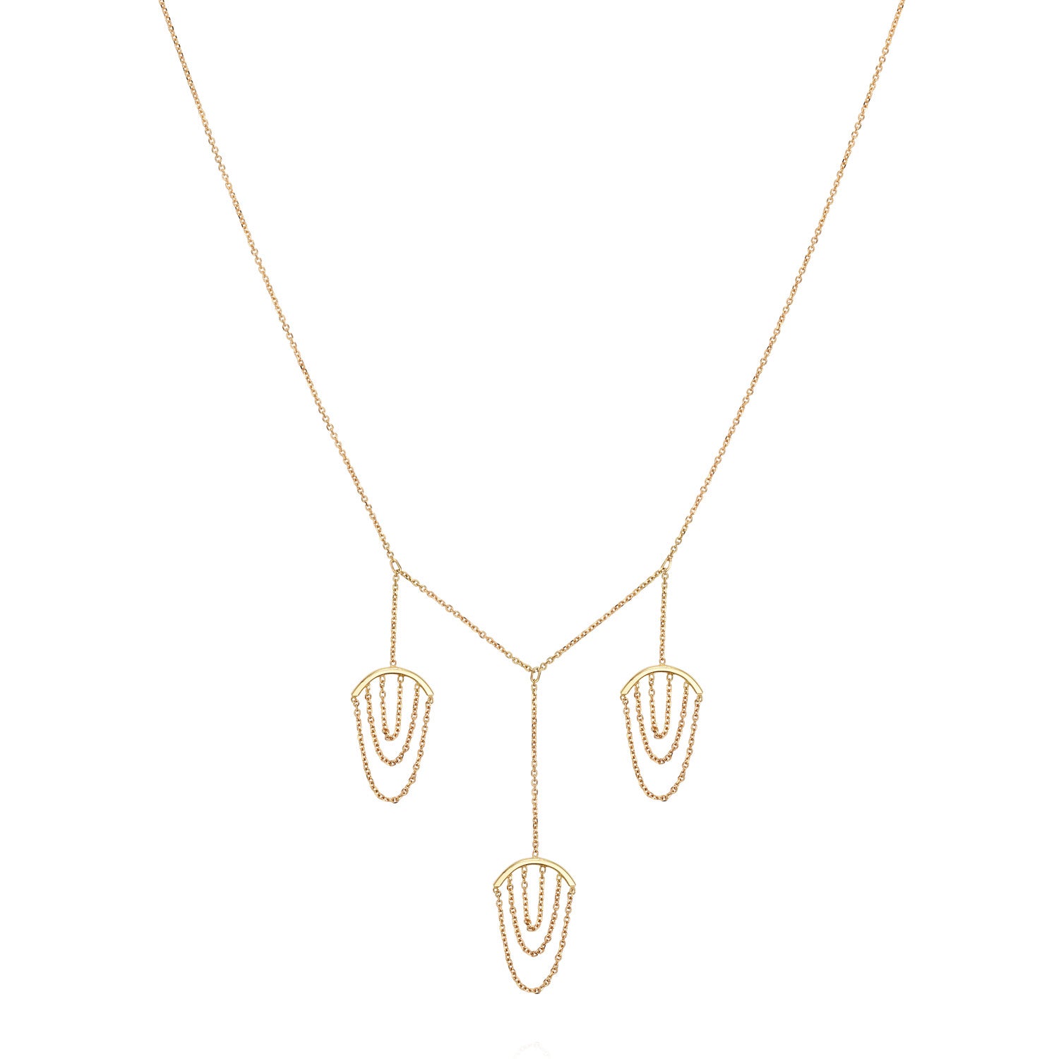 Sweet Pea 18ct yellow gold Nouveau Now triple drop necklace with looped chains close up. 