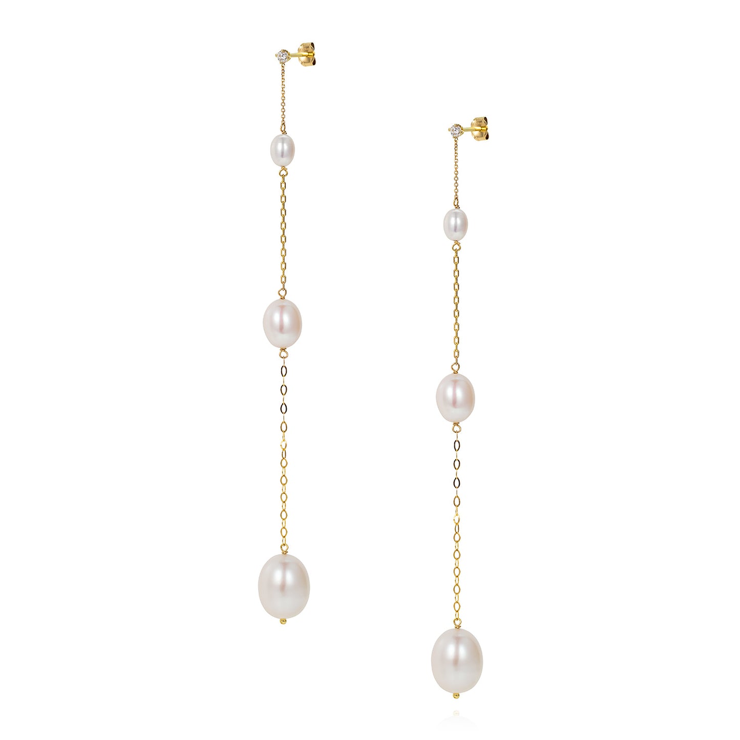 18ct yellow gold white Diamond stud earrings with long fine mixed chain interspersed with white oval shaped fresh water pearls. From our Snowdrop Pearl collection.
