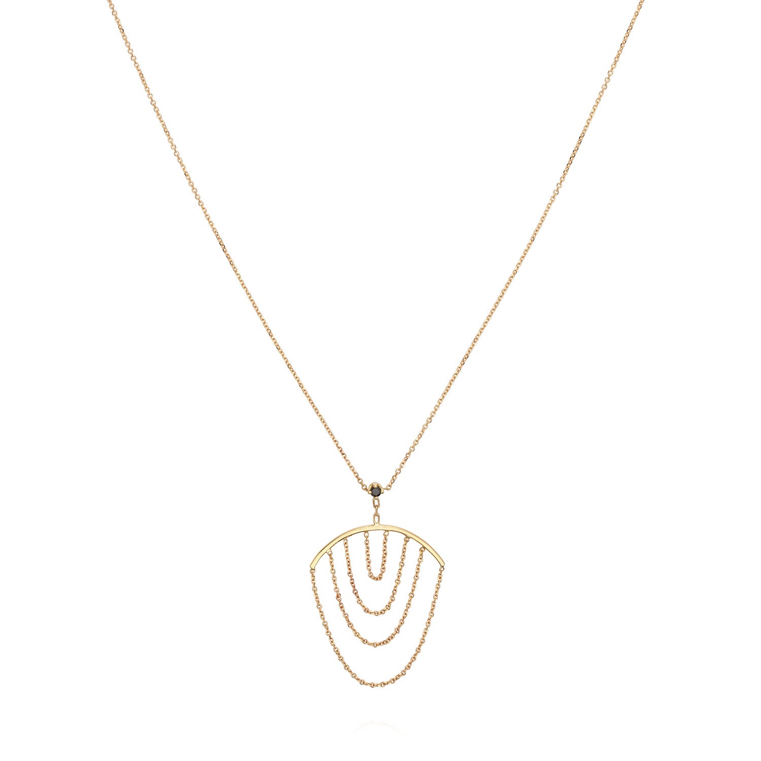 Sweet Pea 18ct yellow gold Nouveau Now black diamond and hanging chain drop necklace close up. 