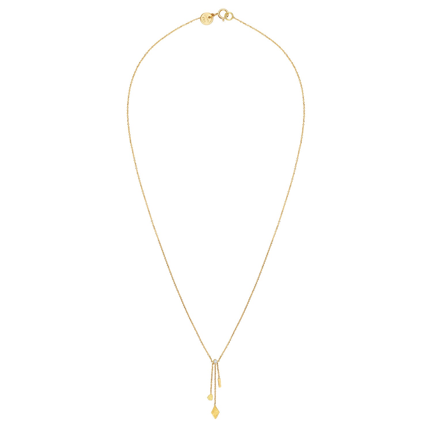 18ct Gold fine chain necklace with claw set Diamond, three chains and mixed gold shape drops