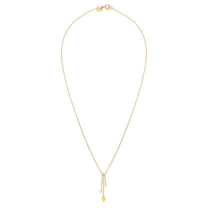 18ct Gold fine chain necklace with claw set Diamond, three chains and mixed gold shape drops