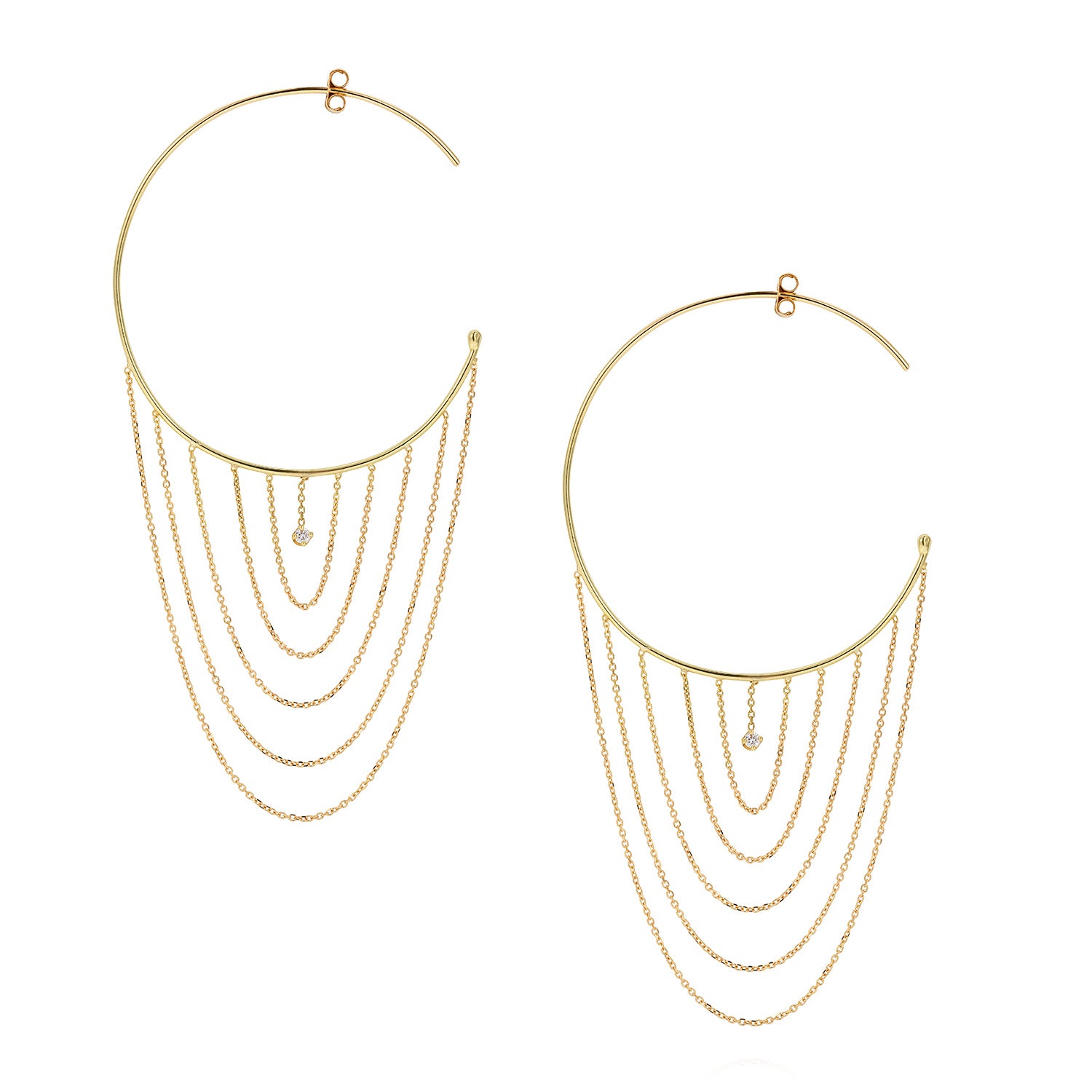 Sweet Pea 18ct gold large hoop Nouveau Now hoops with white diamond and hanging chains. 