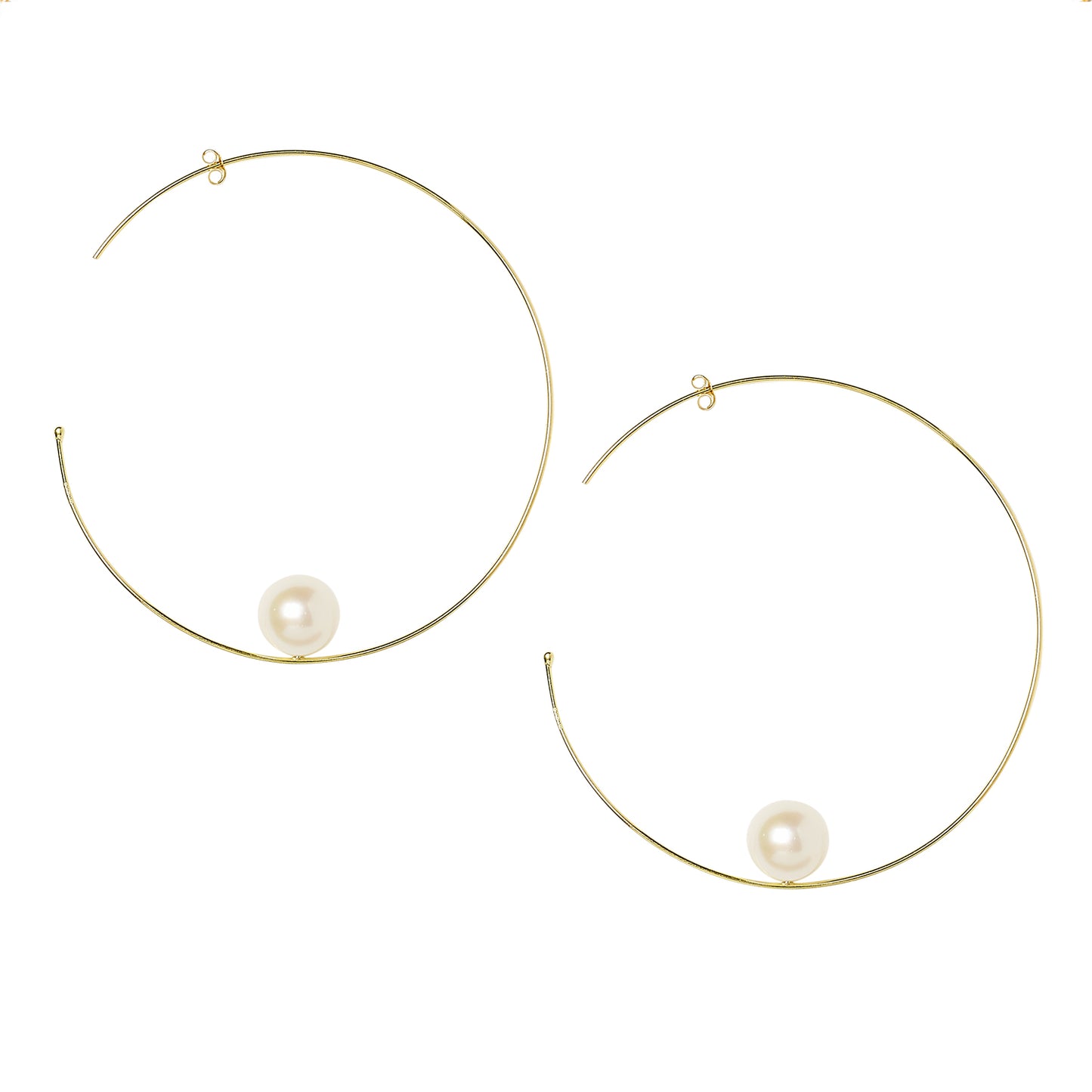 18ct yellow gold large fine hoops with floating white fresh water pearls