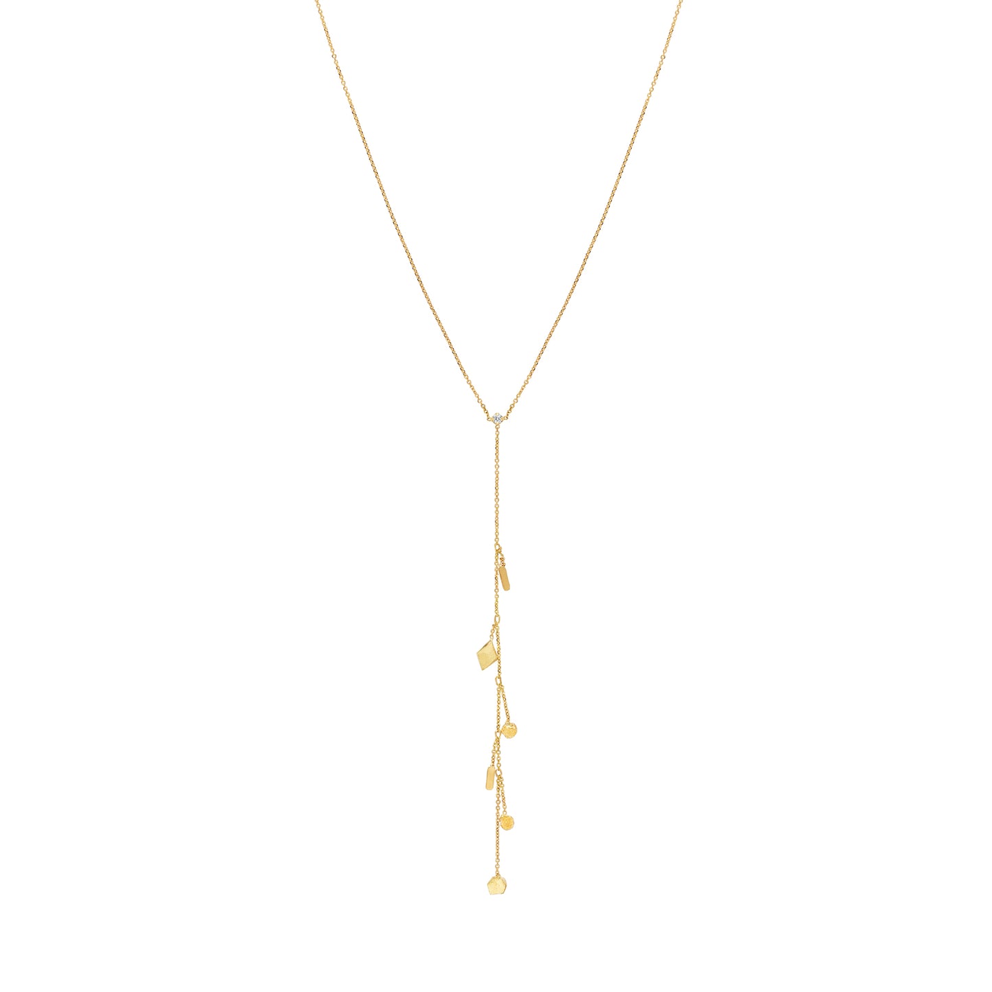 18ct Gold fine chain Y shaped necklace with claw set Diamond and chain with mixed gold shapes