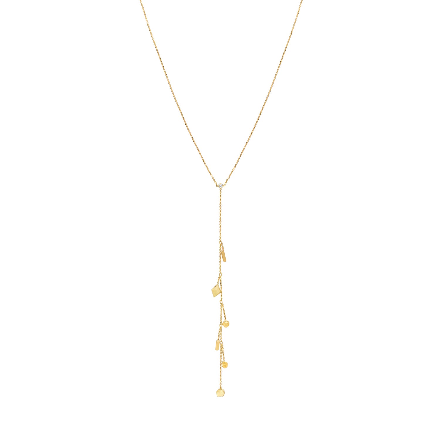 18ct Gold fine chain Y shaped necklace with claw set Diamond and chain with mixed gold shapes