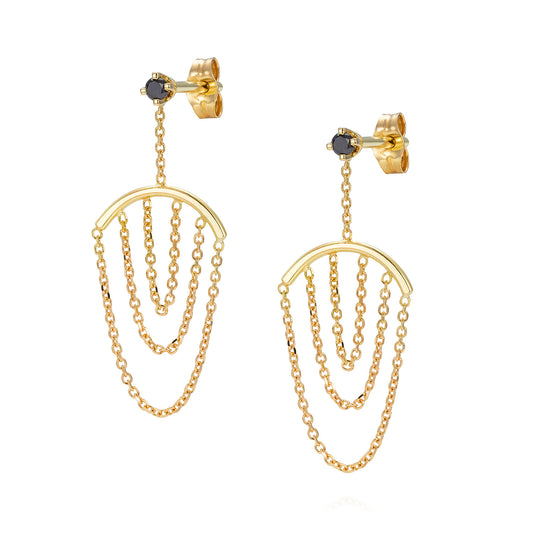 Sweet Pea 18ct yellow gold Nouveau Now black diamond stud earrings  with hanging gold arcs with layered chain.