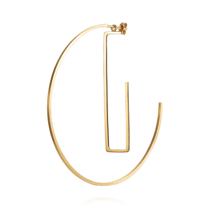 Sweet Pea Precious Maze 18ct gold rectangle add-on seen with a large round brushed hoop earring