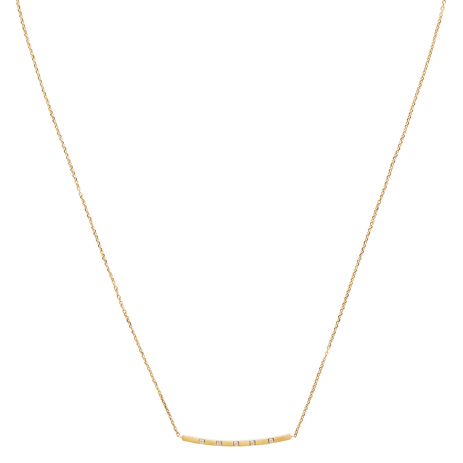 18ct yellow gold fine chain necklace with brushed curved bar set with 5 Diamonds