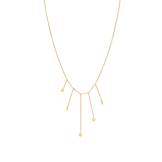 Sweet Pea 18ct gold Kaleidoscope 5 strand chain drop necklace with textured shapes and diamond