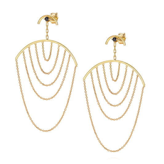 Sweet Pea 18ct yellow gold Nouveau Now black diamond stud chandelier earrings with hanging arcs and layered chains.