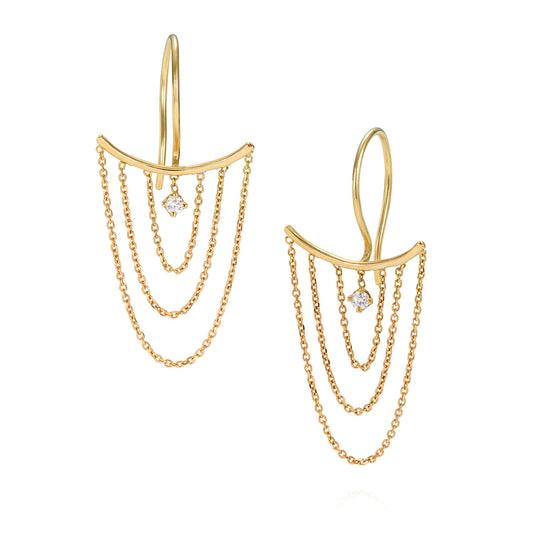 Sweet Pea 18ct yellow gold fine chain Nouveau Now hook earrings with looped chains and hanging white diamond. 