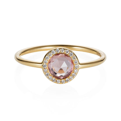 18ct yellow gold ring set with a round pink rosecut sapphire surrounded by a fine white diamond halo