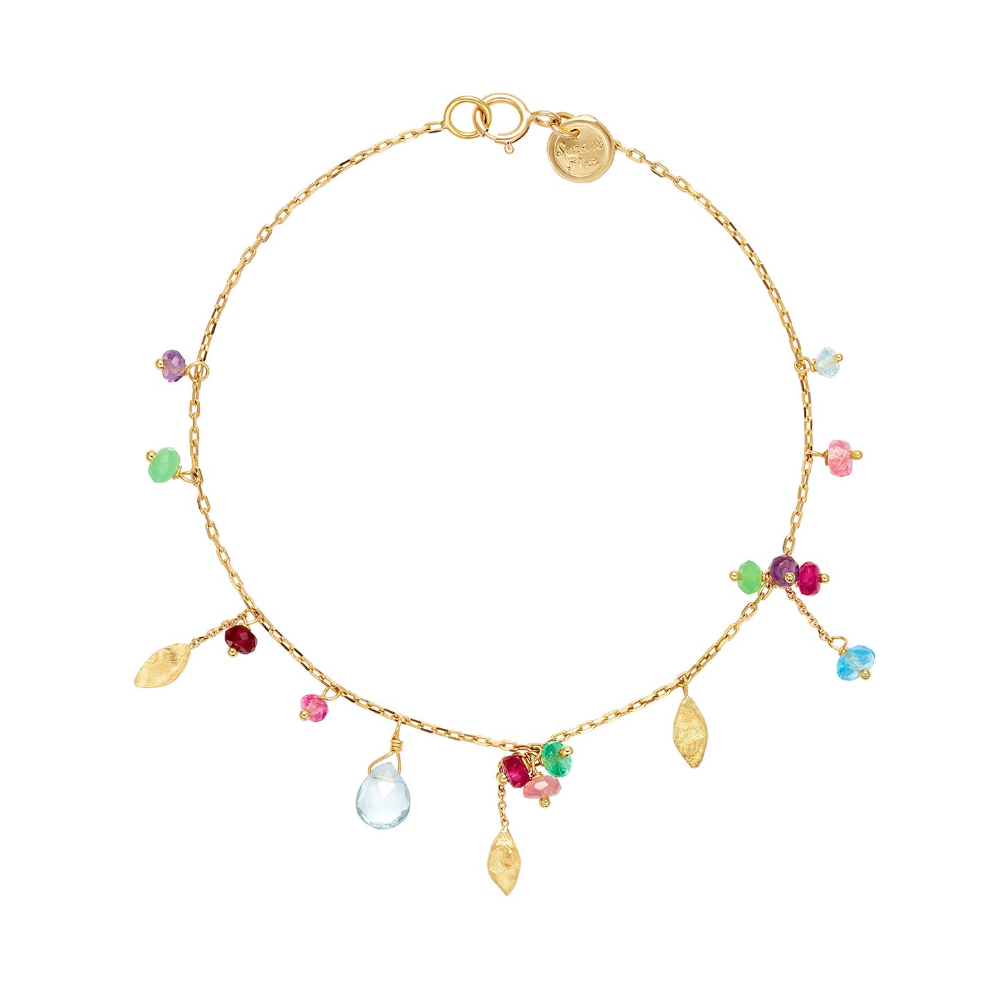 18ct Gold chain bracelet with mixed stones and three hanging gold leaves.