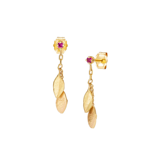 RBC Pink Sapphire studs with double Gold leaf drops