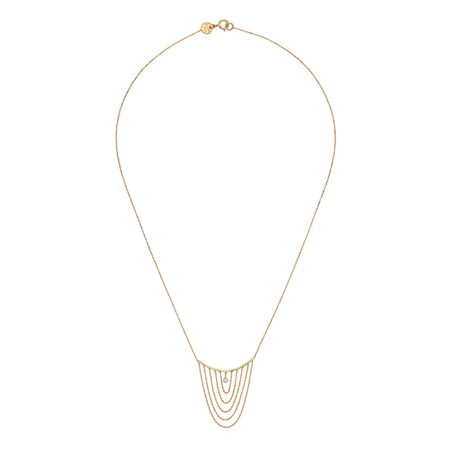 Sweet Pea 18ct yellow gold fine chain Nouveau Now necklace with looped chains and hanging white diamond. 