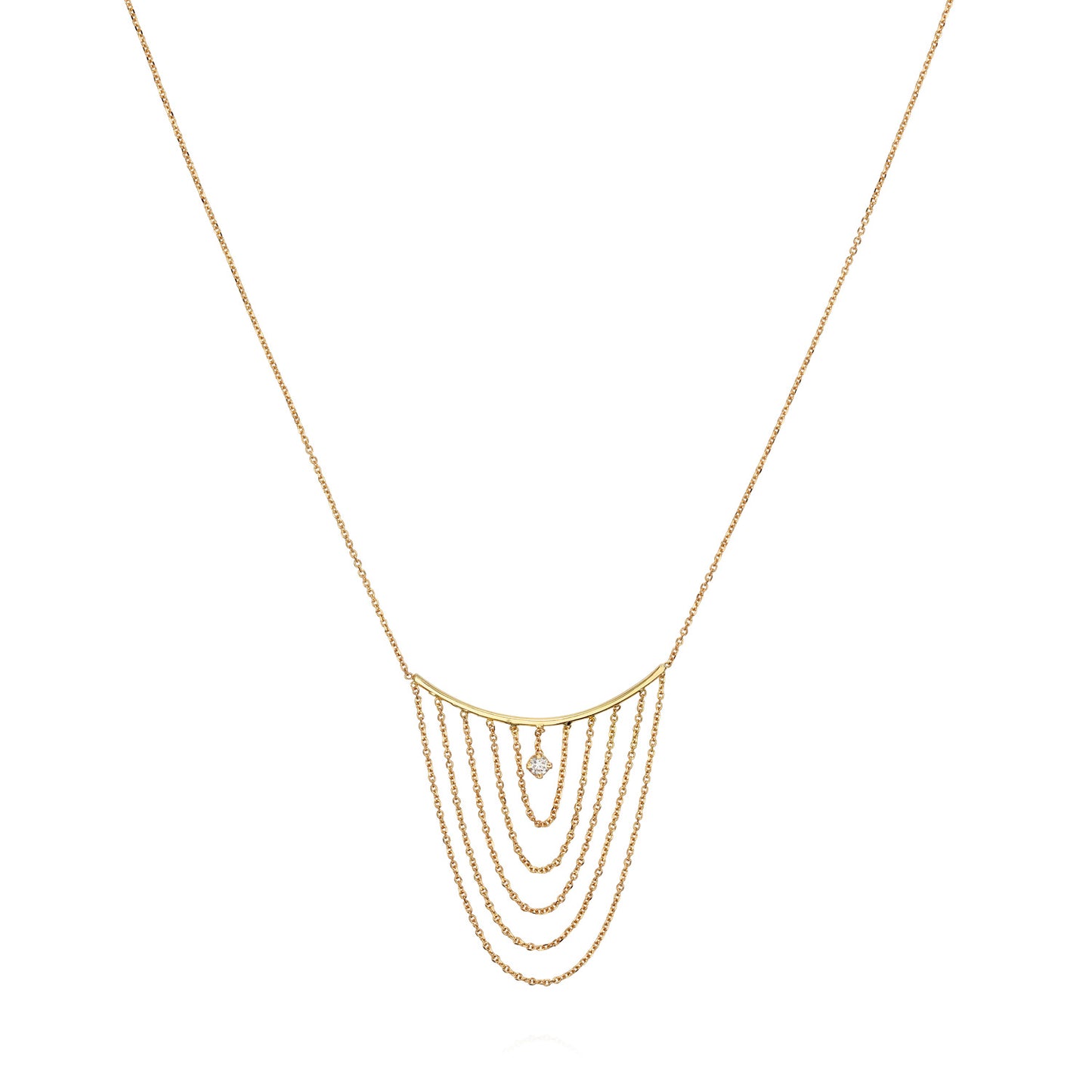 Sweet Pea 18ct yellow gold fine chain Nouveau Now necklace with looped chains and hanging white diamond close up. 