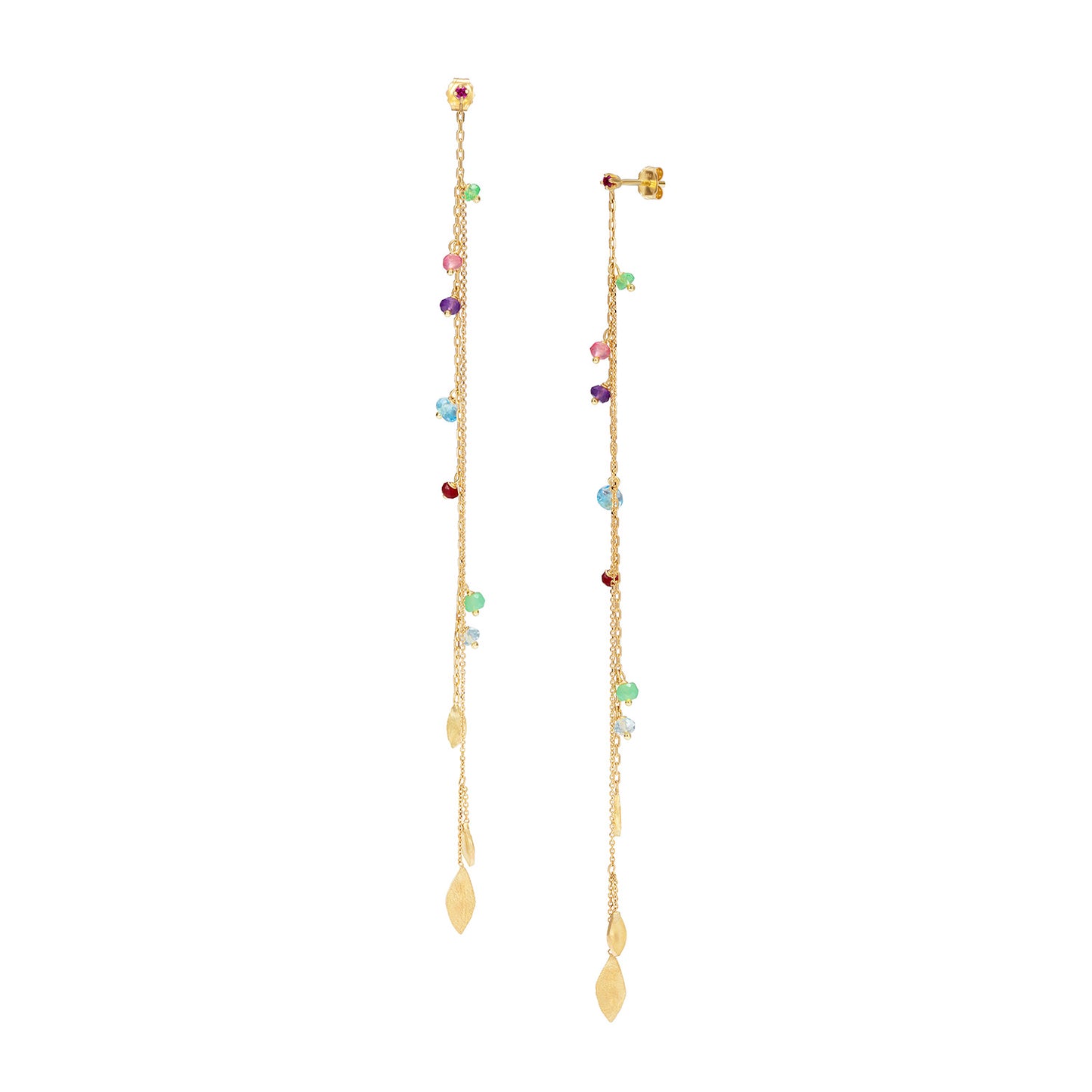 18ct Gold claw set Pink Sapphire stud earrings with a dangling long chain featuring mixed stones and gold leaves