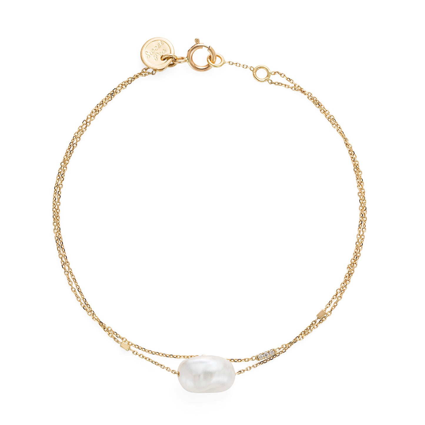 18ct yellow gold fine chain 2 strand bracelet with small bars, Diamond set bar and Keshi Pearls