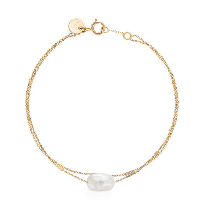 18ct yellow gold fine chain 2 strand bracelet with small bars, Diamond set bar and Keshi Pearls