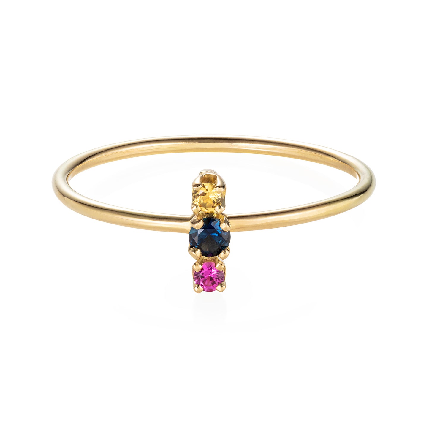 18ct yellow gold ring with yellow blue and pink set Sapphires