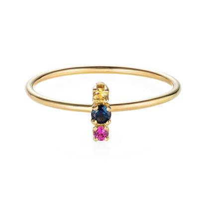 18ct yellow gold ring with yellow blue and pink set Sapphires
