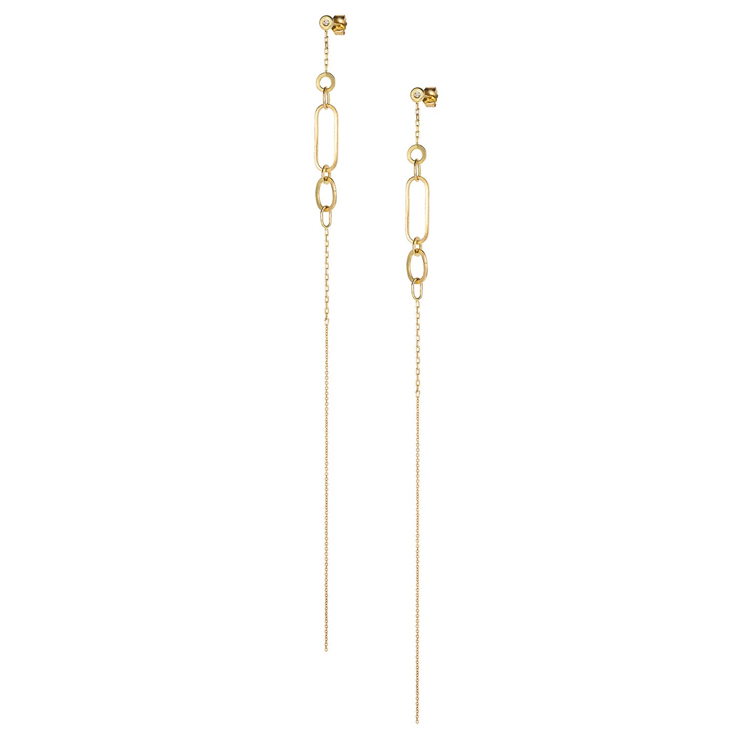 18ct Yellow Gold Diamond stud earrings with long chain wit handmade irregular links. From our Linked With Love collection.