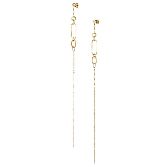 18ct Yellow Gold Diamond stud earrings with long chain wit handmade irregular links. From our Linked With Love collection.