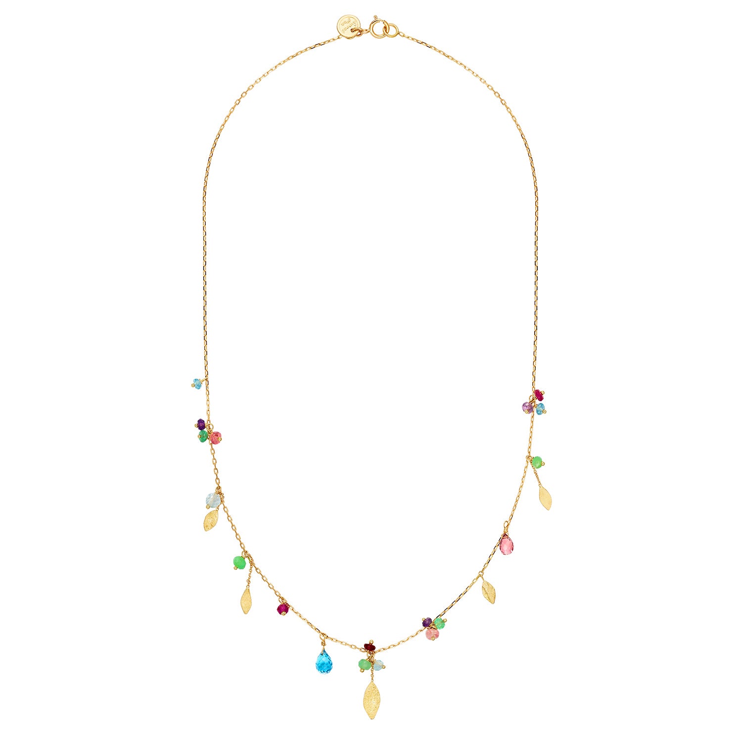 18ct Gold chain necklace with mixed stones, drops and five gold leaves.