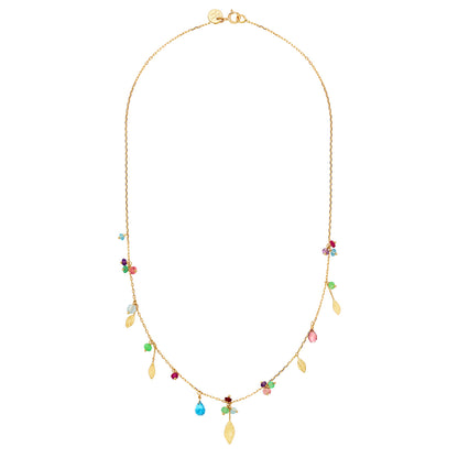 18ct Gold chain necklace with mixed stones, drops and five gold leaves.