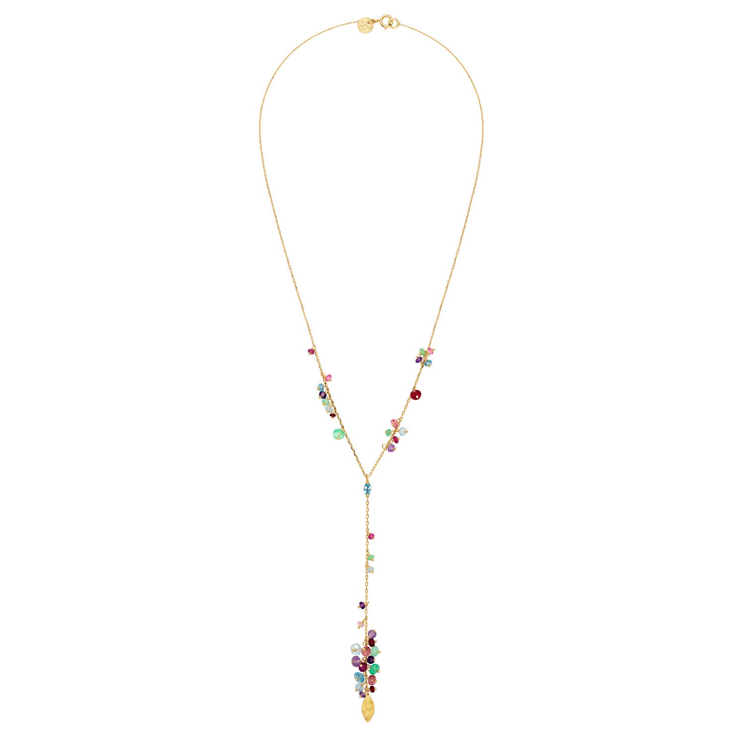 18ct Gold Y shaped necklace with claw set Swiss blue Topaz and clusters of mixed stones with a Gold leaf pendant.