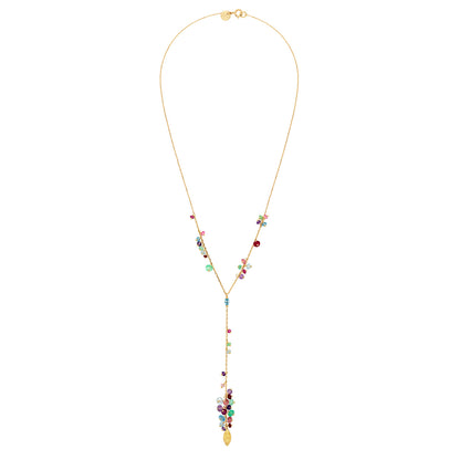18ct Gold Y shaped necklace with claw set Swiss blue Topaz and clusters of mixed stones with a Gold leaf pendant.