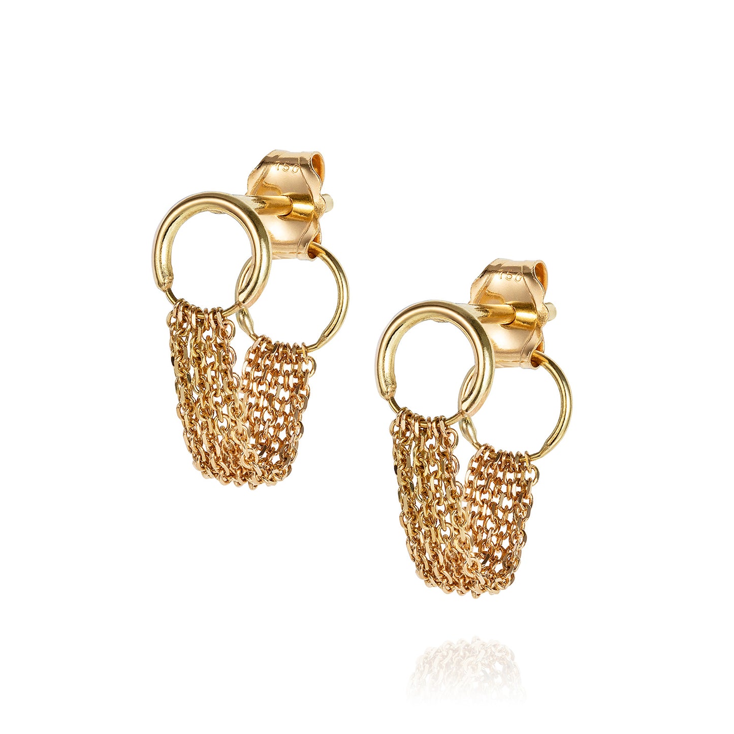 18 CT YELLOW GOLD STUDS WITH LOOPED CHAIN TO BACK