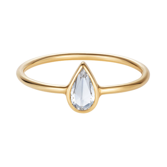 Sweet Pea 18ct yellow gold fine bezel set 0.24ct white, rose cut, pear shaped diamond sits neatly in 1.3mm, round, polished band. Pear shaped Rose Cut Engagement ring