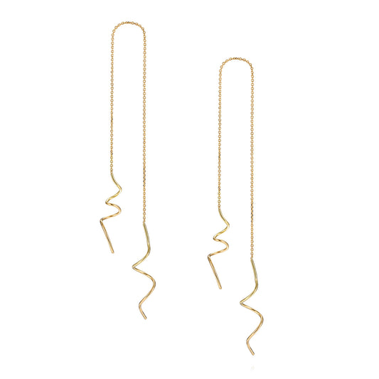18ct yellow gold thread through earrings with hanging doodles on both ends