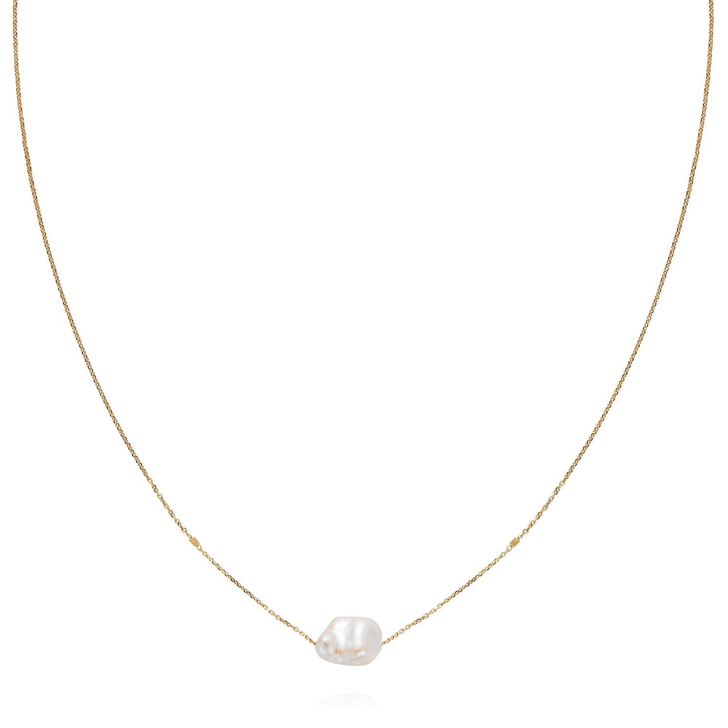 18ct yellow gold fine chain necklace with inserted bars and threaded on Keshi Pearl