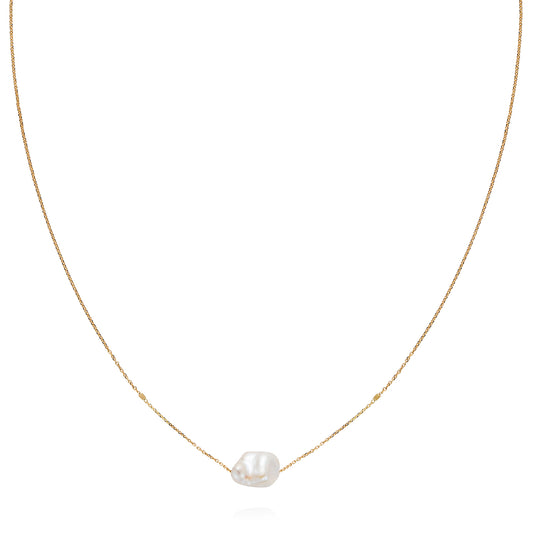 18ct yellow gold fine chain necklace with inserted bars and threaded on Keshi Pearl