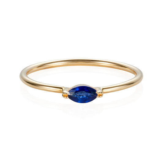 Sweet Pea 18ct yellow gold blue sapphire marquise engagement ring.