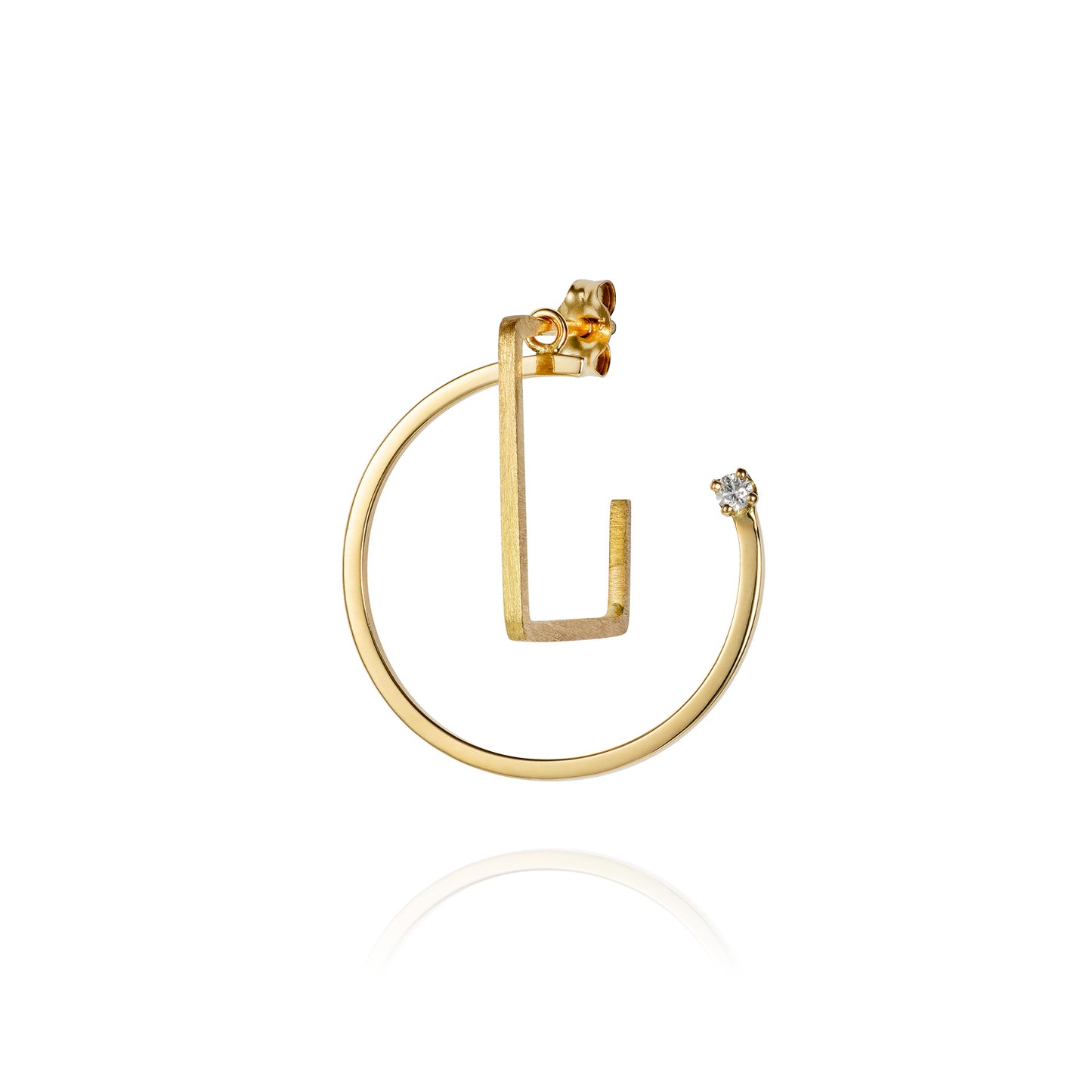 Sweet Pea Precious Maze single 18ct yellow gold square wire brushed small square hoop earring layered with round, polished diamond add on