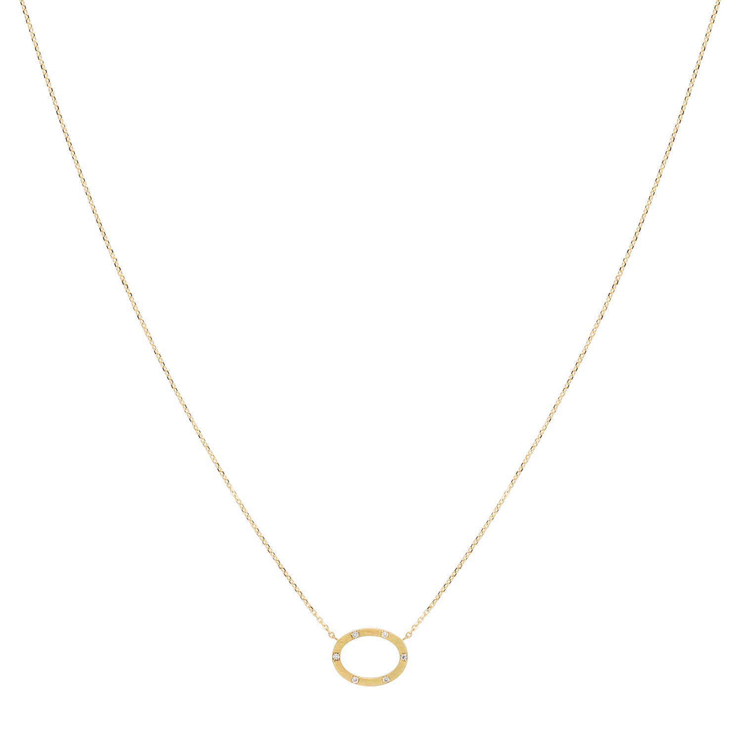 18ct yellow gold fine chain necklace with brushed oval set with 5 diamonds 
