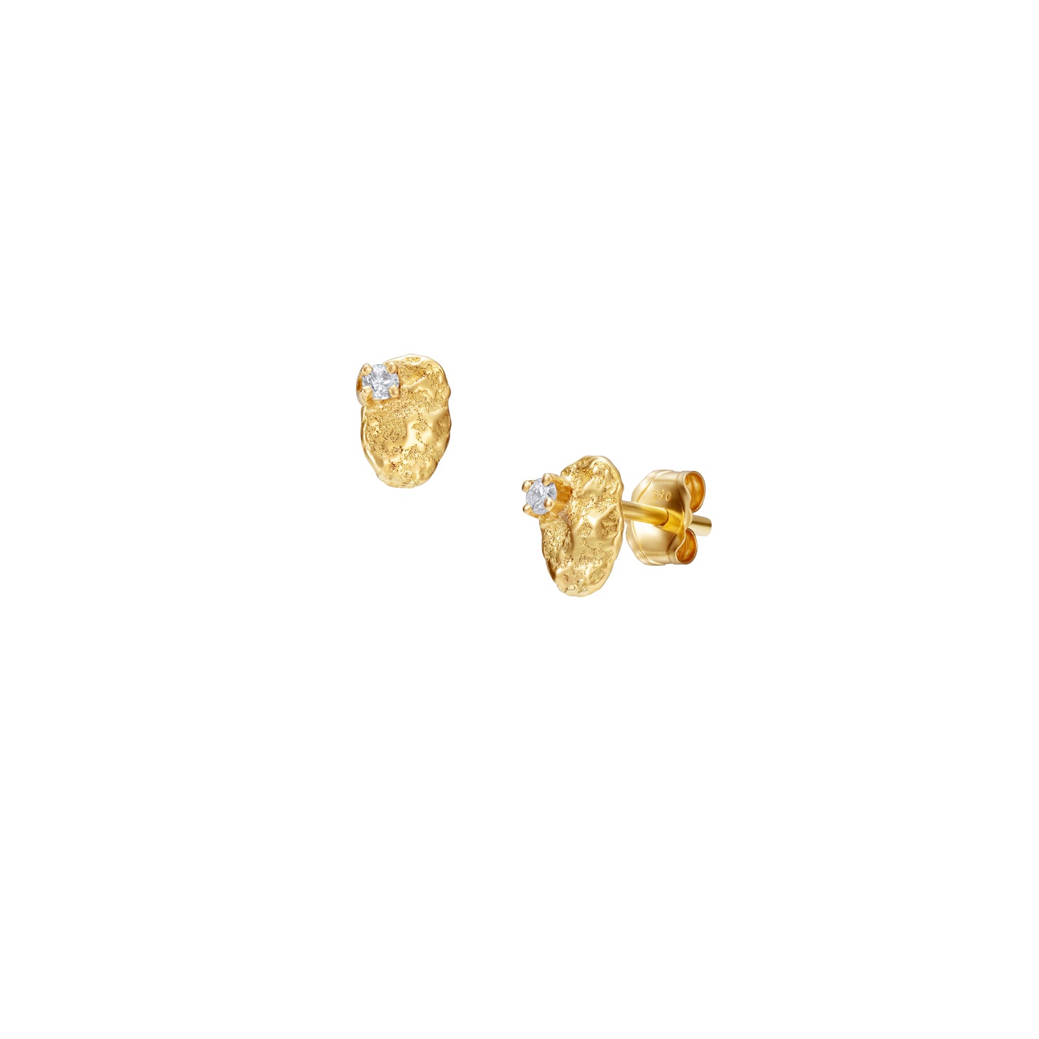 Sweet Pea Moonscape recycled 18ct yellow gold nugget stud earring set with white diamonds.