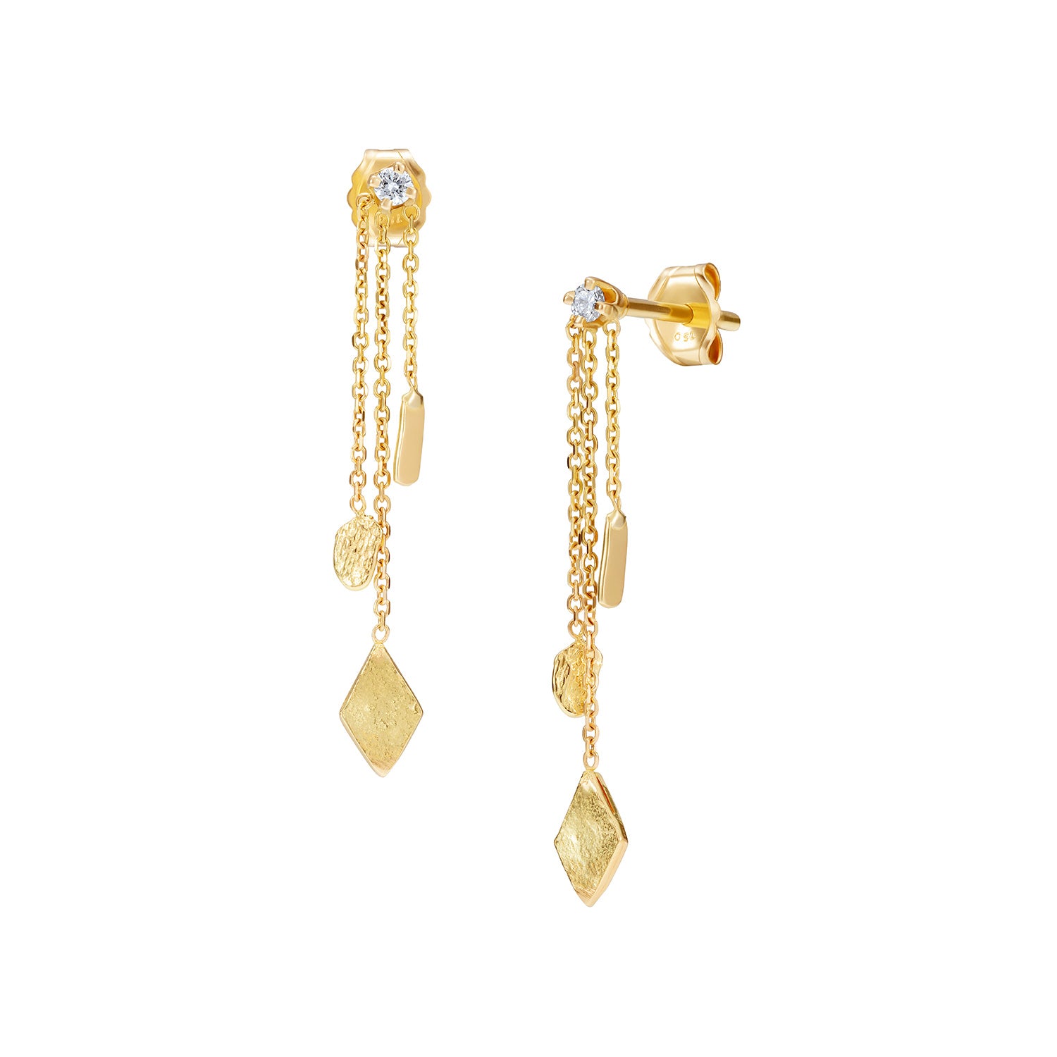 18ct Gold Diamond stud with three hanging chains and mixed Gold shapes on ends.