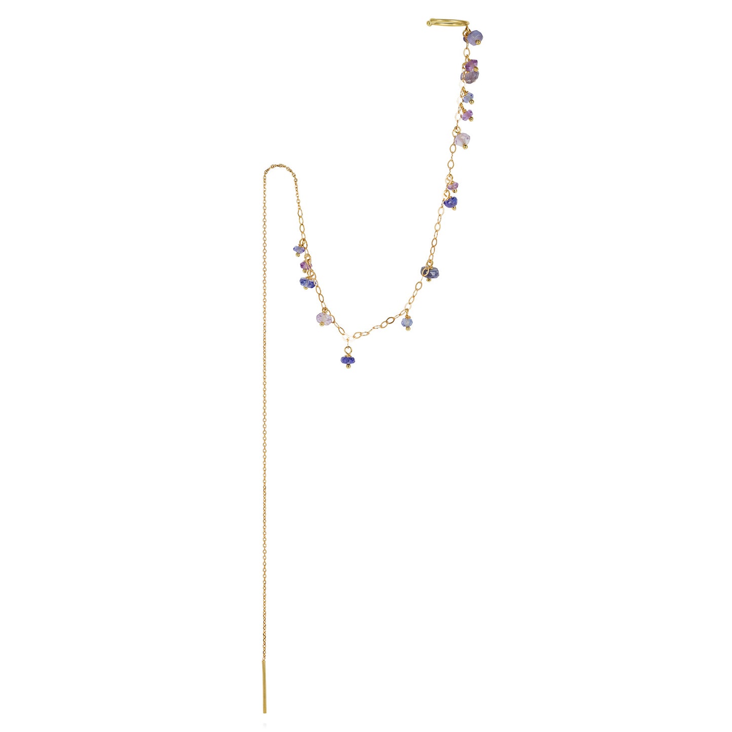18ct yellow gold thread though earring with chain to ear cuff and tanzanite and amethyst beads