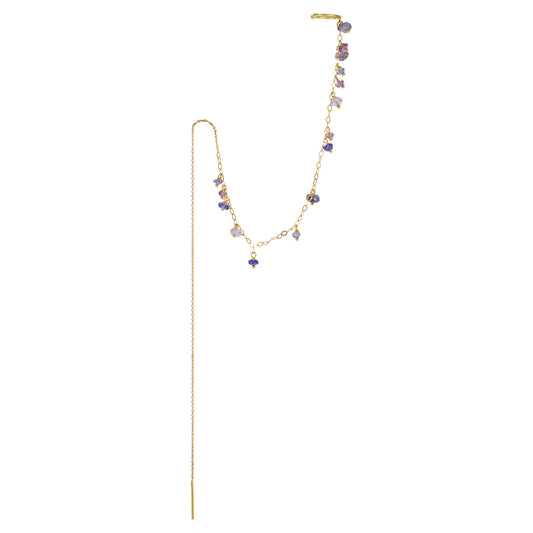 18ct yellow gold thread though earring with chain to ear cuff and tanzanite and amethyst beads