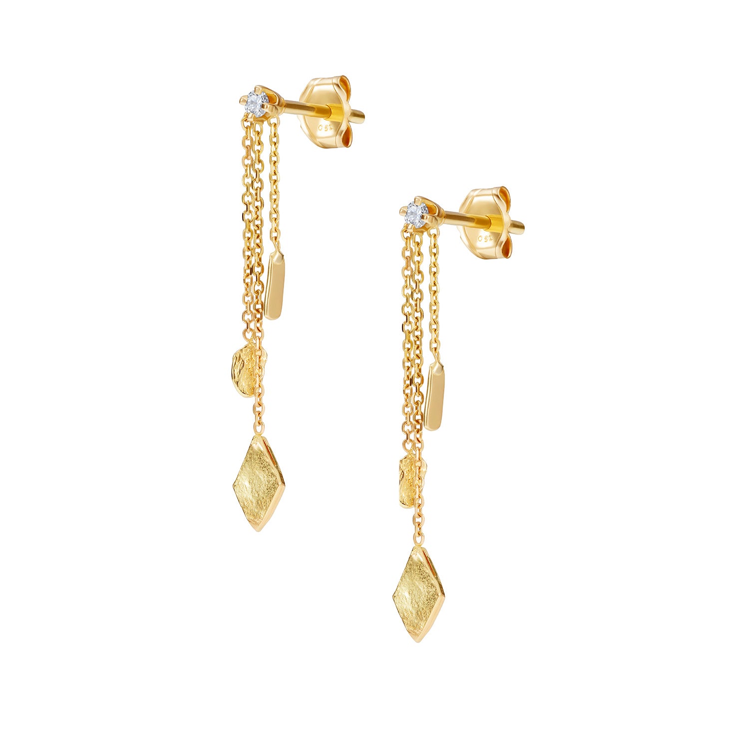 18ct Gold Diamond stud with three hanging chains and mixed Gold shapes on ends.
