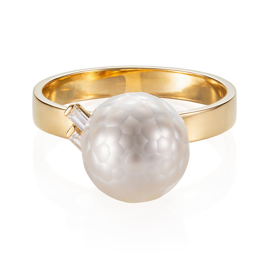 Sweet Pea 18ct yellow gold polished band ring with white faceted pearl and 2 diamond baguettes